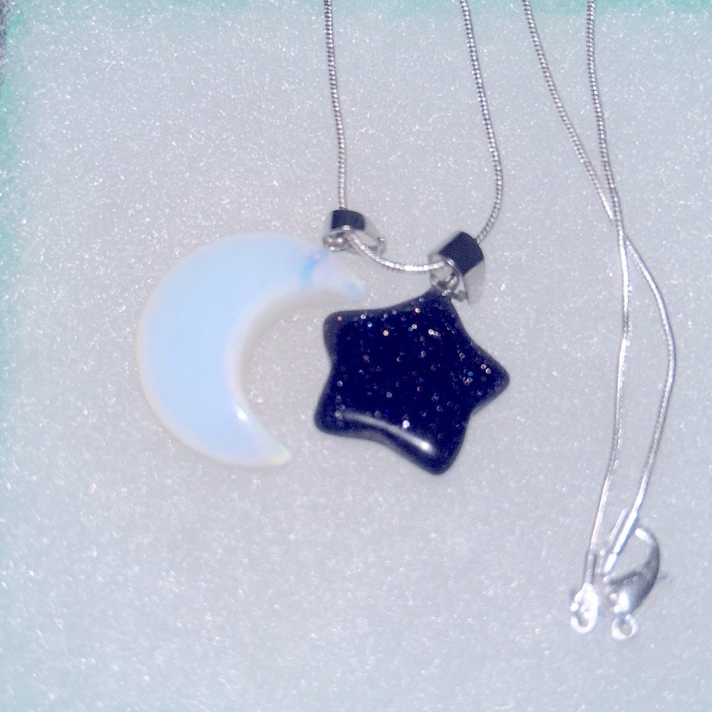 Boho Hippie Natural Blue Goldstone Star & Opal Moon Silver 24” Ne… - Picture 3 of 6